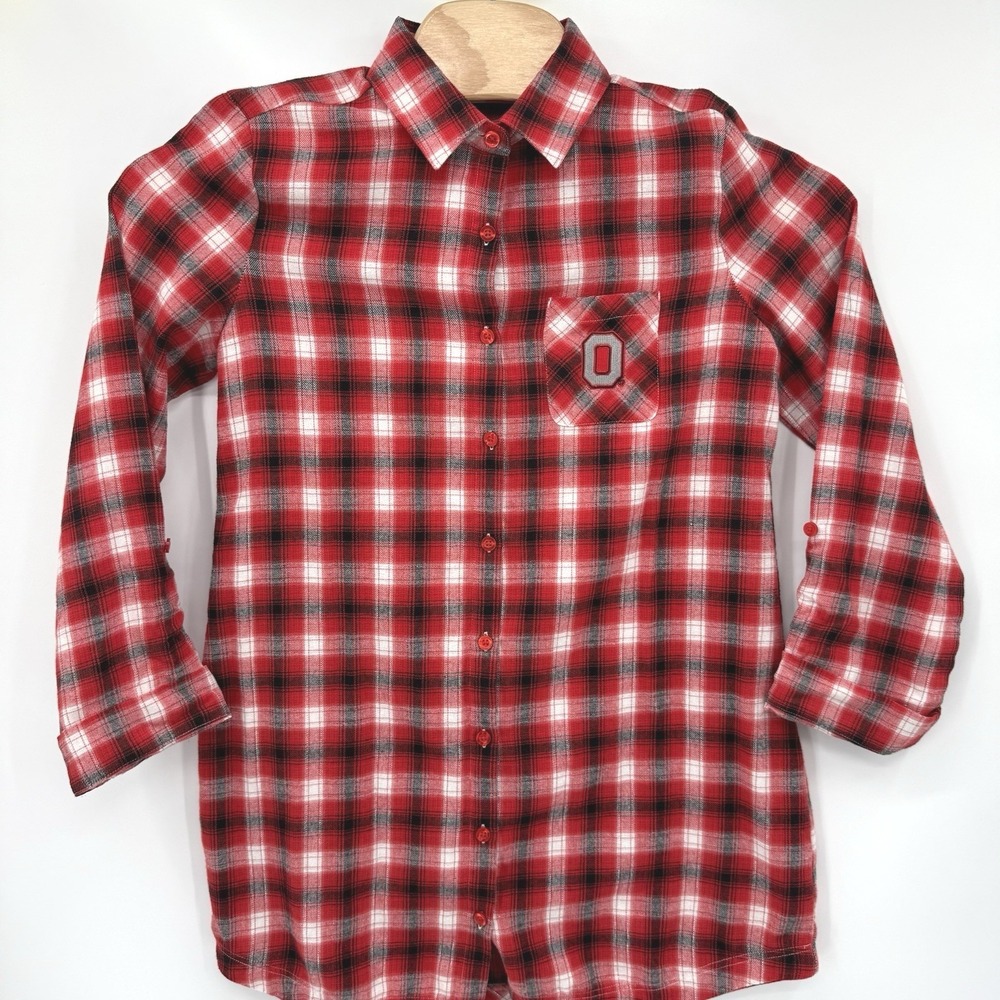 Ohio State Buckeyes Plaid Nightshirt Scarlet & Gray Sleepwear Shirt Women XL Red